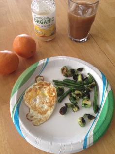 Typical breakfast: eggs, brussel sprouts, green beans, oranges, and coffee